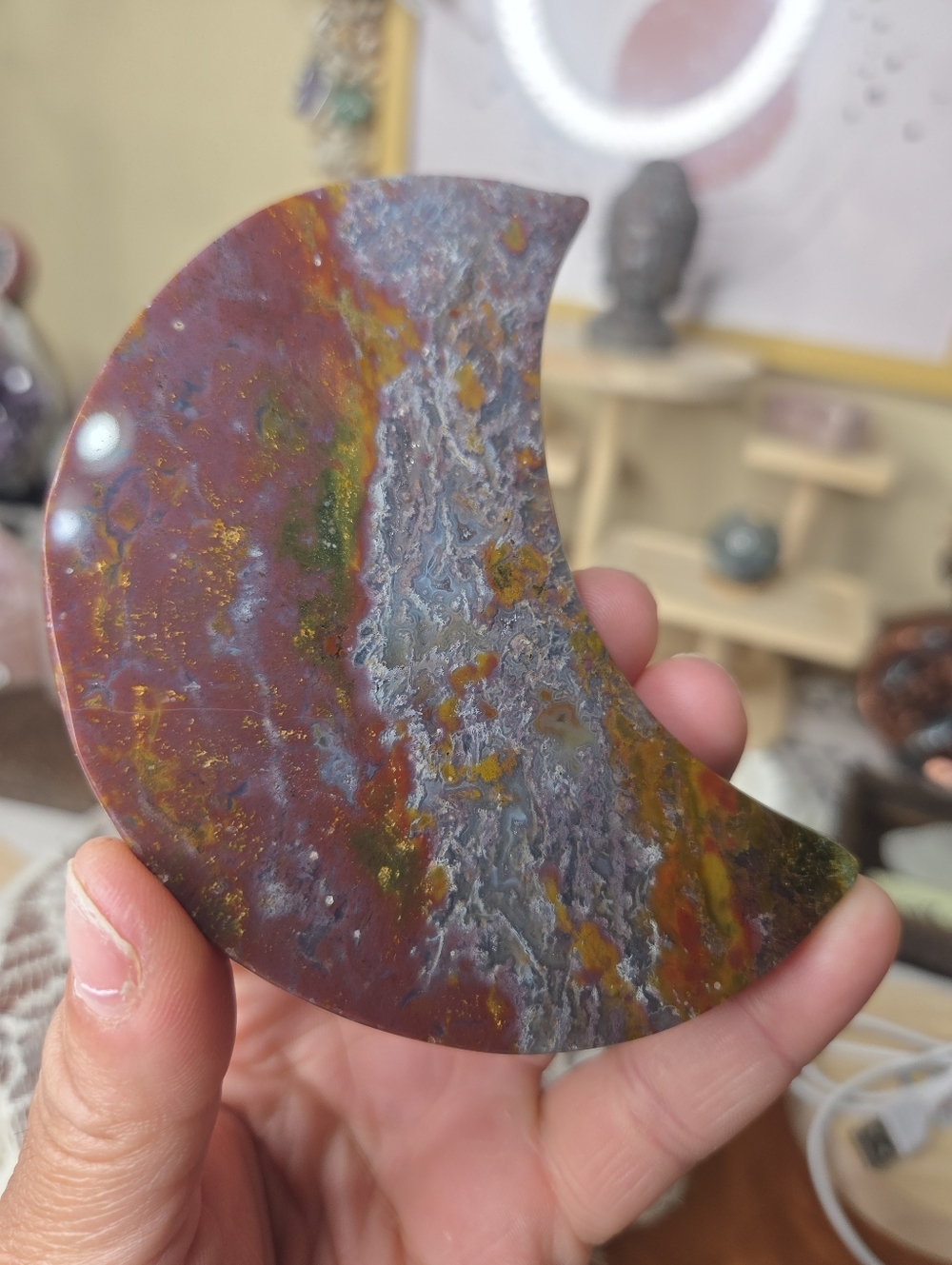 Red Moss Agate Crescent Moon On Black Stand  B - Picture 4 of 6